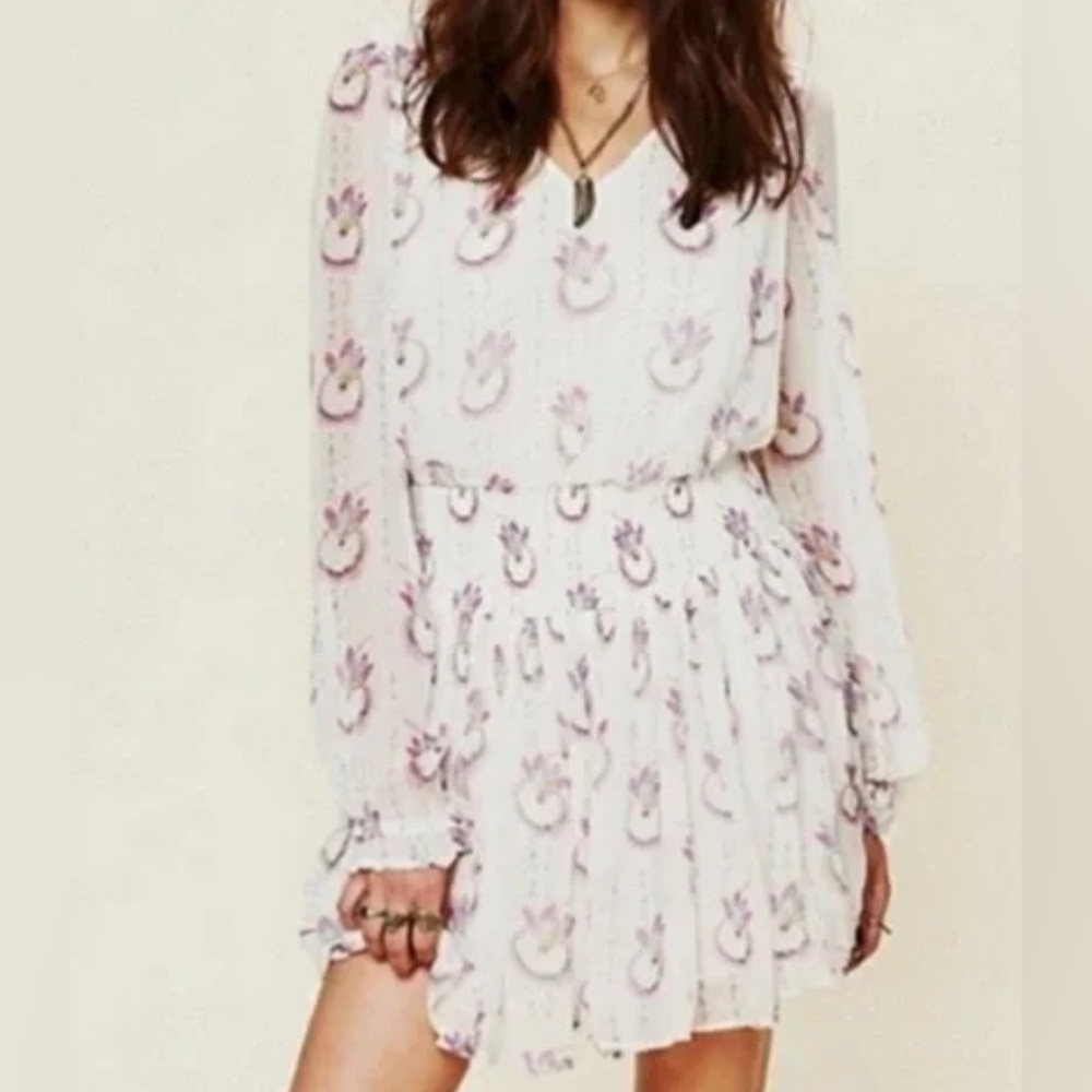 Free People Dream Catcher Feather Print Long Sleeve Boho Mini Dress.